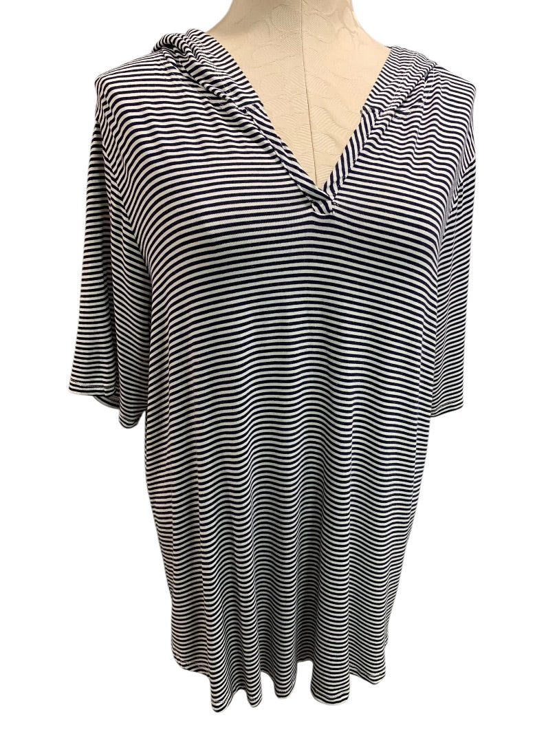 1X Kim & Cami Womens Striped Pullover Hoodie Short Sleeve Lightweight Black White