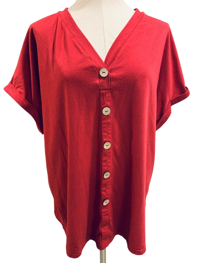XXL Womens Red Short Sleeve Tshirt Button Embellished V-Neck Pullover