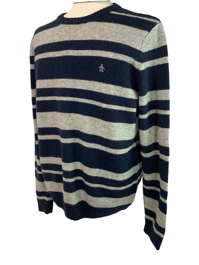 Large Penguin Munsingwear Mens Navy Blue Gray Striped Sweater Wool Blend