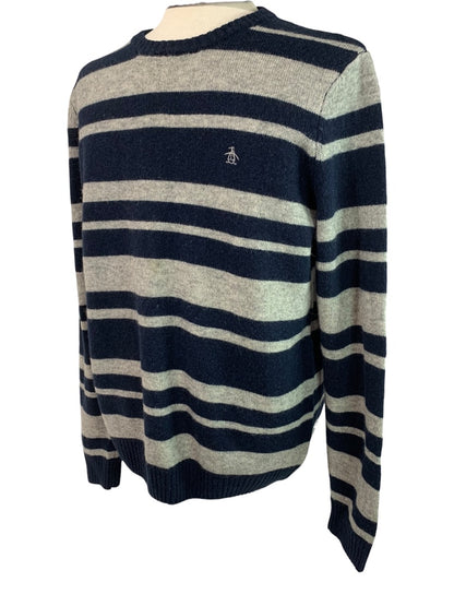 Large Penguin Munsingwear Mens Navy Blue Gray Striped Sweater Wool Blend
