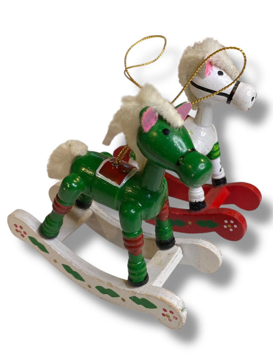 Vintage Wooden Christmas Holiday Ornaments Rocking Horse 4"