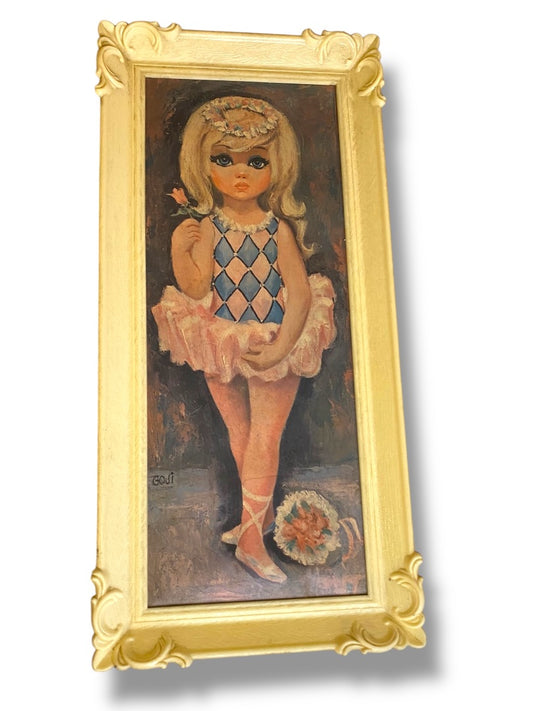 1960s Goji Print Big Eyed Ballerina Girl in Soroka USA Plastic Frame 18" x 7"