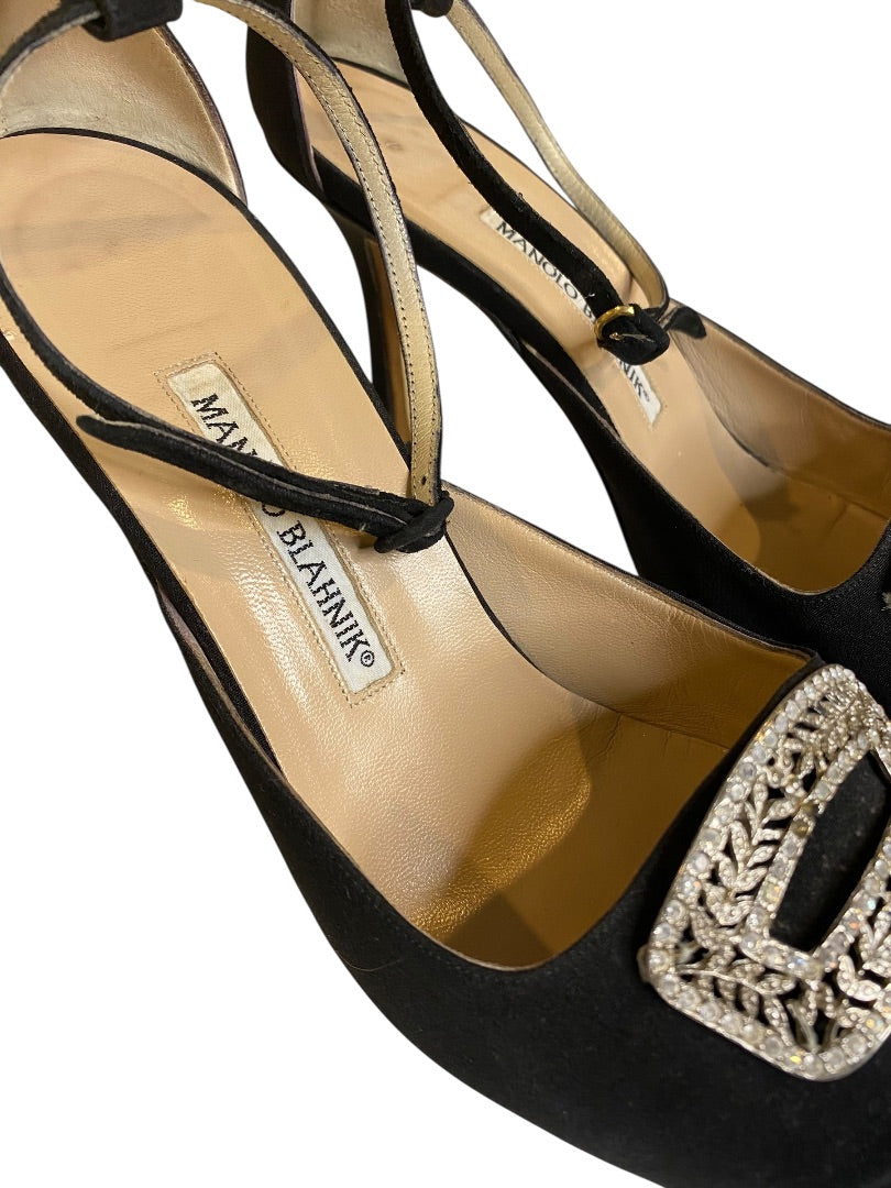 Size 39.5 Manolo Blahnik Vintage Black Rhinestone Buckle Heels 3"
