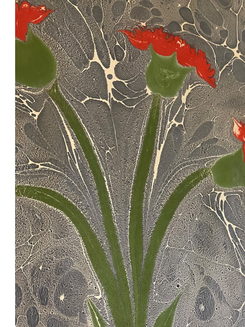 Turkish Ebru Painting Marbling Framed Flowers 17.5" x 11.5" Red Blue