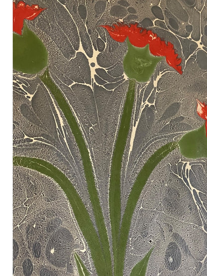 Turkish Ebru Painting Marbling Framed Flowers 17.5" x 11.5" Red Blue