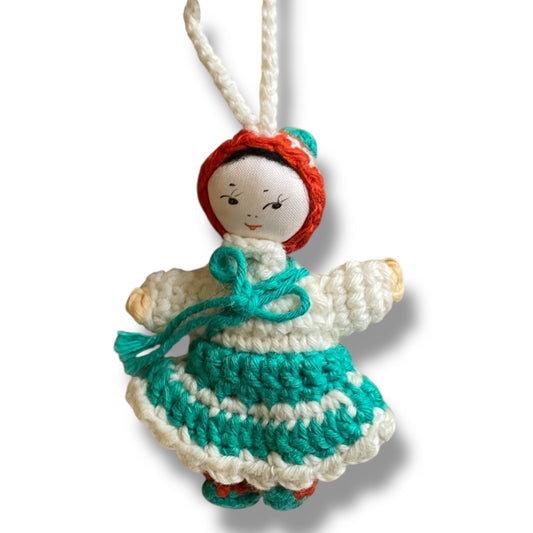 Vintage Amigurumi Japanese Miniature Crochet Girl Doll 2" Silk Face Hanging