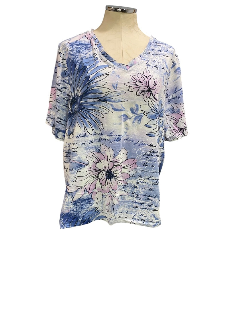 1X Liz & Me Womens Floral Print V-Neck Tshirt Short Sleeve