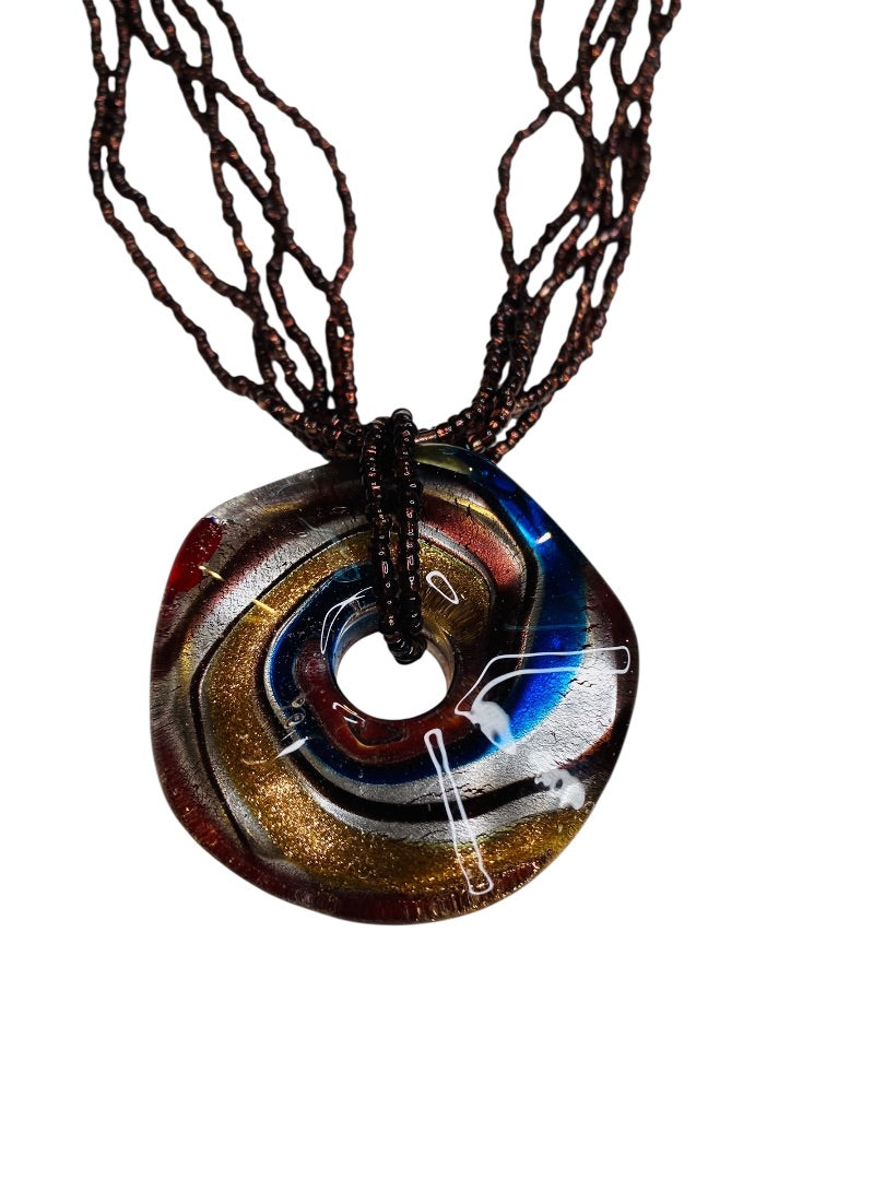 Chunky Glass Pendant and Seed Bead Multistrand Necklace 20-23"