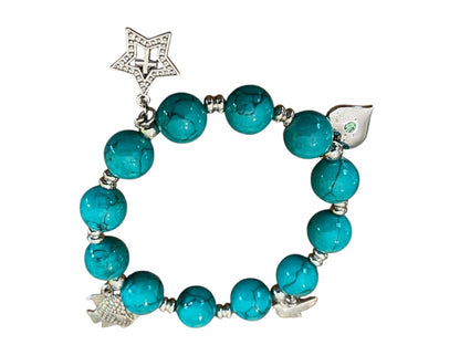 Beaded Stretch Silvertone Fish Dove Star Religious Stretch Bracelet Bright Blue