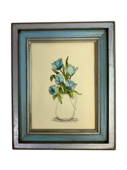 1978 Framed Blue Tulip Pen and Ink Sketch Art 10.5" x 8.5"