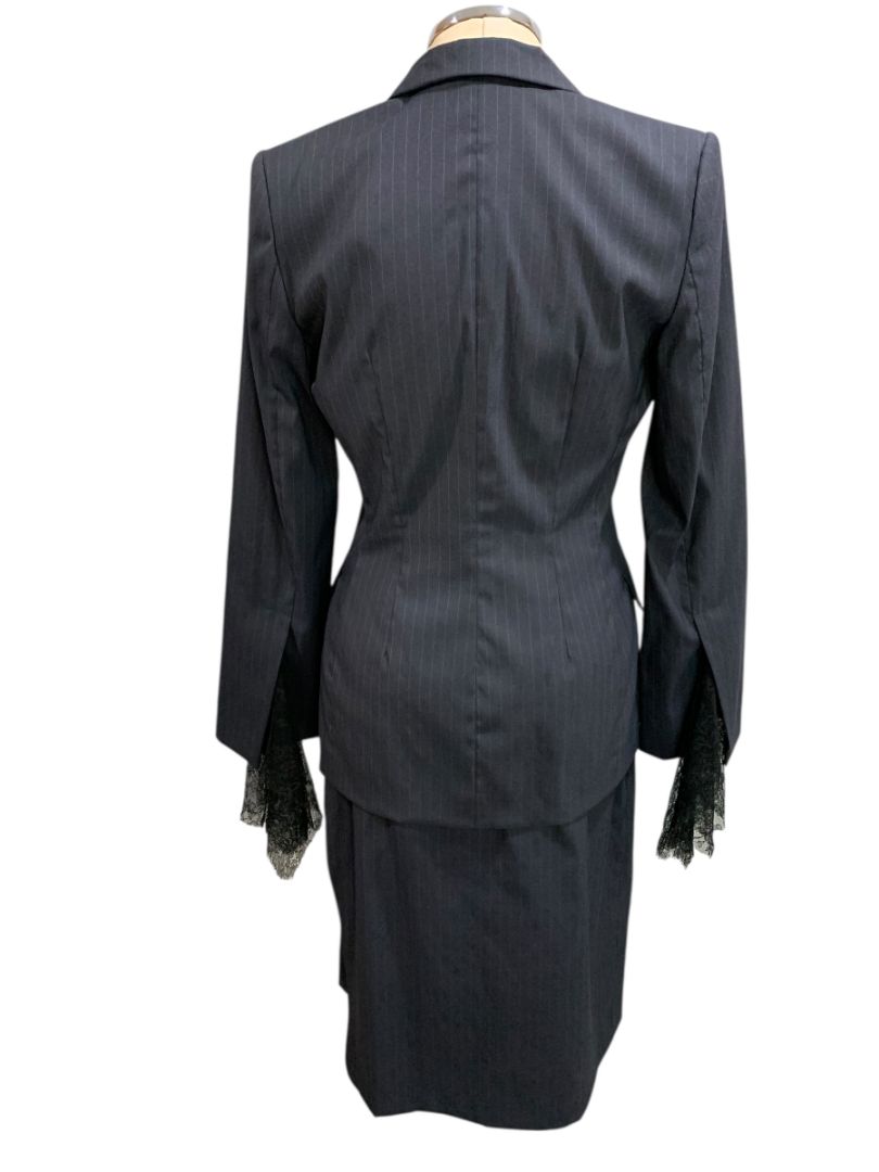 Size 38 Marcel Marongiu Skirt Suit Jacket Pinstripe Lace Trim France