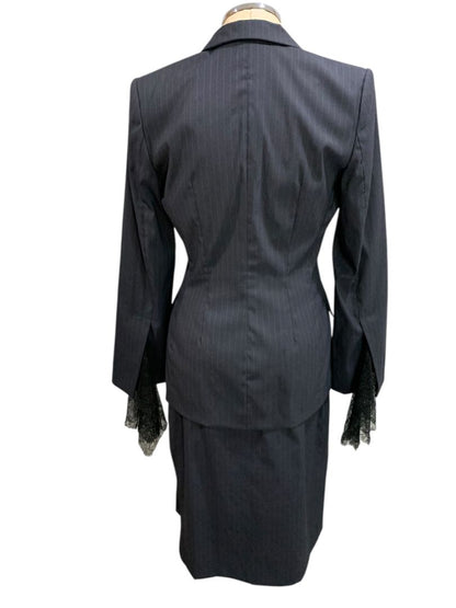 Size 38 Marcel Marongiu Skirt Suit Jacket Pinstripe Lace Trim France