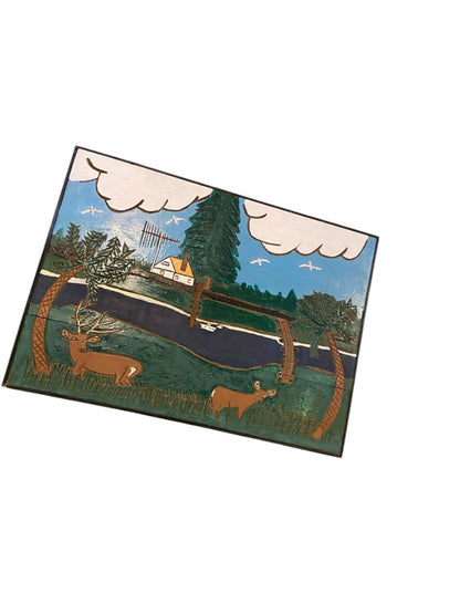 Vintage Carved Wooden Nature Scene Enameled Paint 22" x 16"