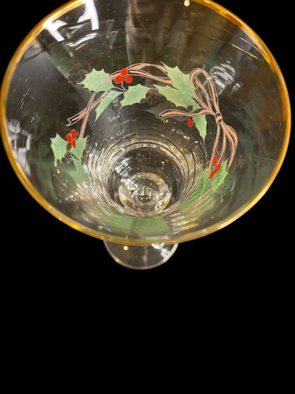 Vintage Mikasa Set of 2 Wine Glasses Holly Berry Ribbon Gold Trim