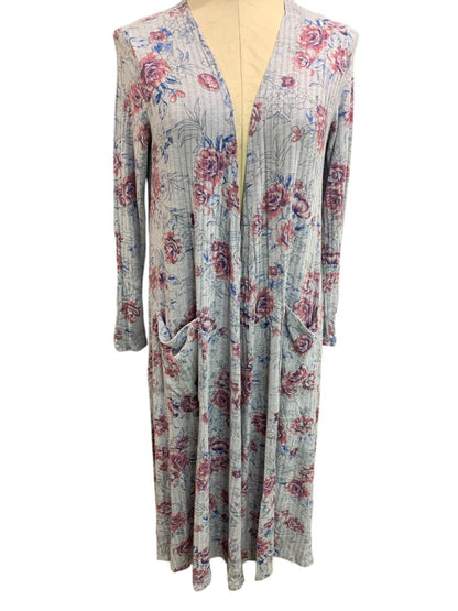 Small LulaRoe Womens Sarah Duster Long Cardigan Gray Floral Pockets