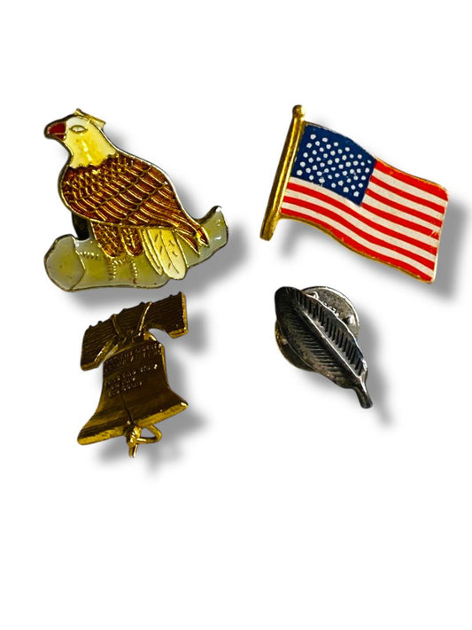 Lot of 4 Vintage Lapel Pins .75" Eagle Flag Liberty Bell Feather Assorted