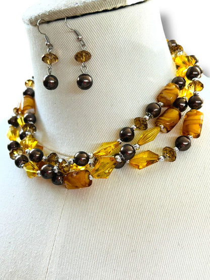 Amber Color Multistrand Acrylic Beaded Necklace Earring Set New