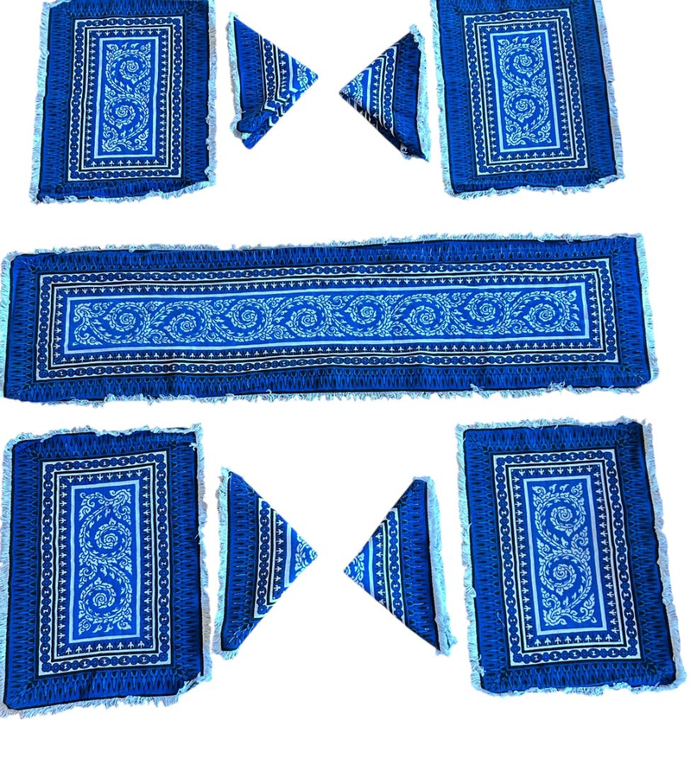 Vintage Blue Table Linen Set 4 Placemats 4 Napkins 1 Runner Boho