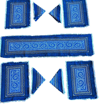 Vintage Blue Table Linen Set 4 Placemats 4 Napkins 1 Runner Boho