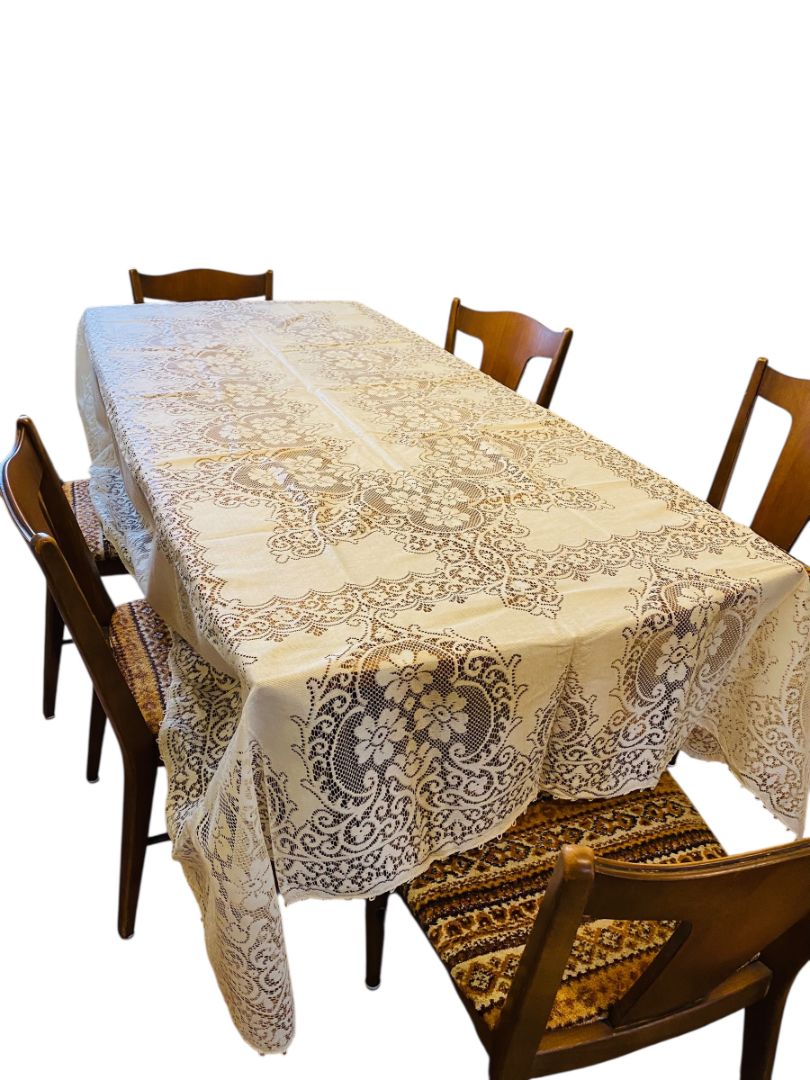 Vintage Ivory Machine Lace Tablecloth Linen 108" x 68"