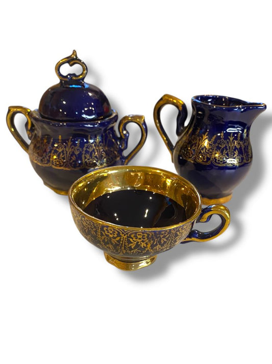 Vintage Cobalt Gold 3 Piece Tea Set Sugar Creamer Cup