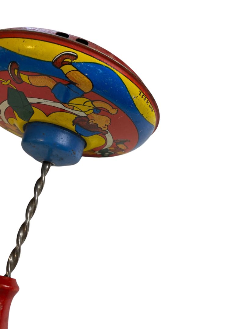 Vintage 5.5” Tin Litho Spinning Top Children Made in USA Wood Handle Works