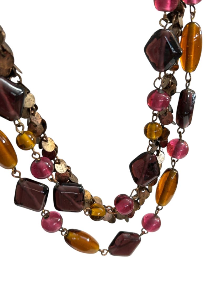 Copper Color Necklace 38" Copper Collar Medallions Orange Purple Beads