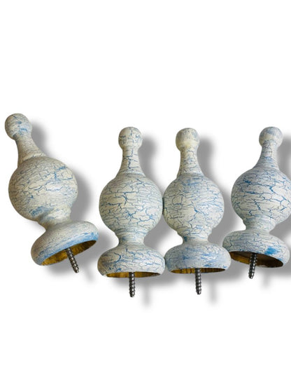Vintage Wooden Set of 4 Finial Posts White Blue Crackle Paint 4.25" Screw In