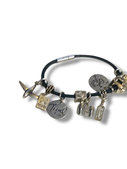 Travel Theme 10 Charm Bracelet 8" Black Leather Cord Silvertone
