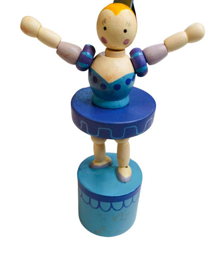 Wooden Push Puppet Collapsing Toy Ballerina Blue 4.75"