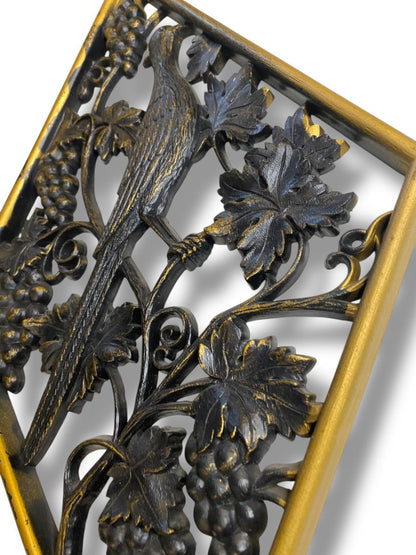 1970s Burwood Homco Wall Plaque Bird Grapes Diamond 16.75"h x 10.25"