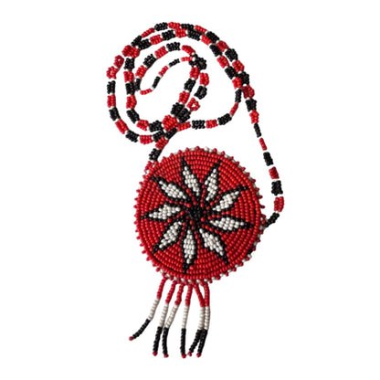 Seed Bead Star Pendant Necklace Leather Backing 29" Red Black White