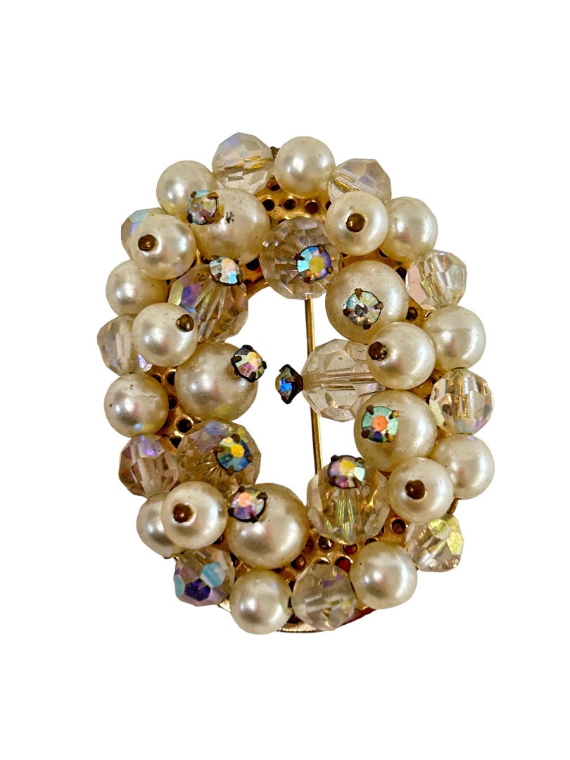 Vintage Brooch Aurora Borealis Beads Faux Pearls Oval 2"