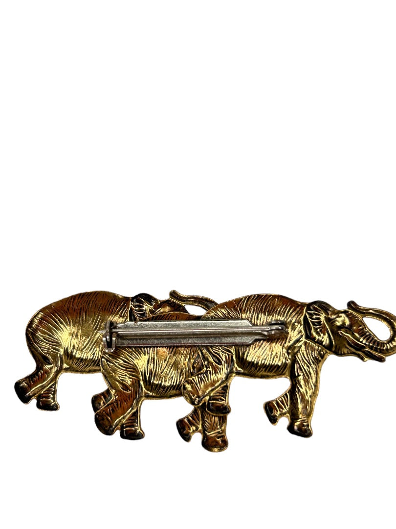 Three Goldtone Elephants Trunks Up Brooch Pin  2 5/8"