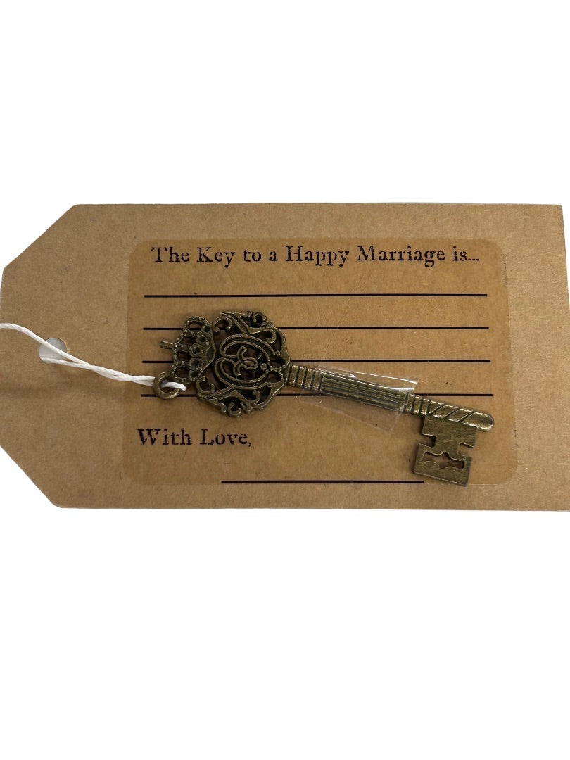 Wedding Favor Metal Skeleton Key and Tag "Key to a Happy Marriage is" New