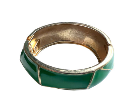 Goldtone Metal Hinged Bangle Bracelet Green Enamel Preppy