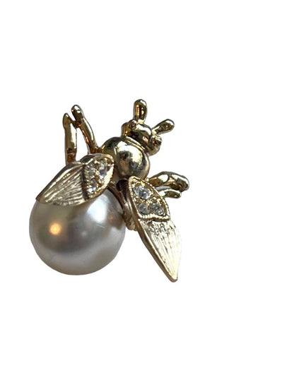 Faux Pearl Gold Tone Fly Insect Brooch Pin Spring Wings Rhinestone