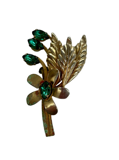 Goldtone and Green Vintage 1960s Brooch Pin Flower Leaf 1.9"