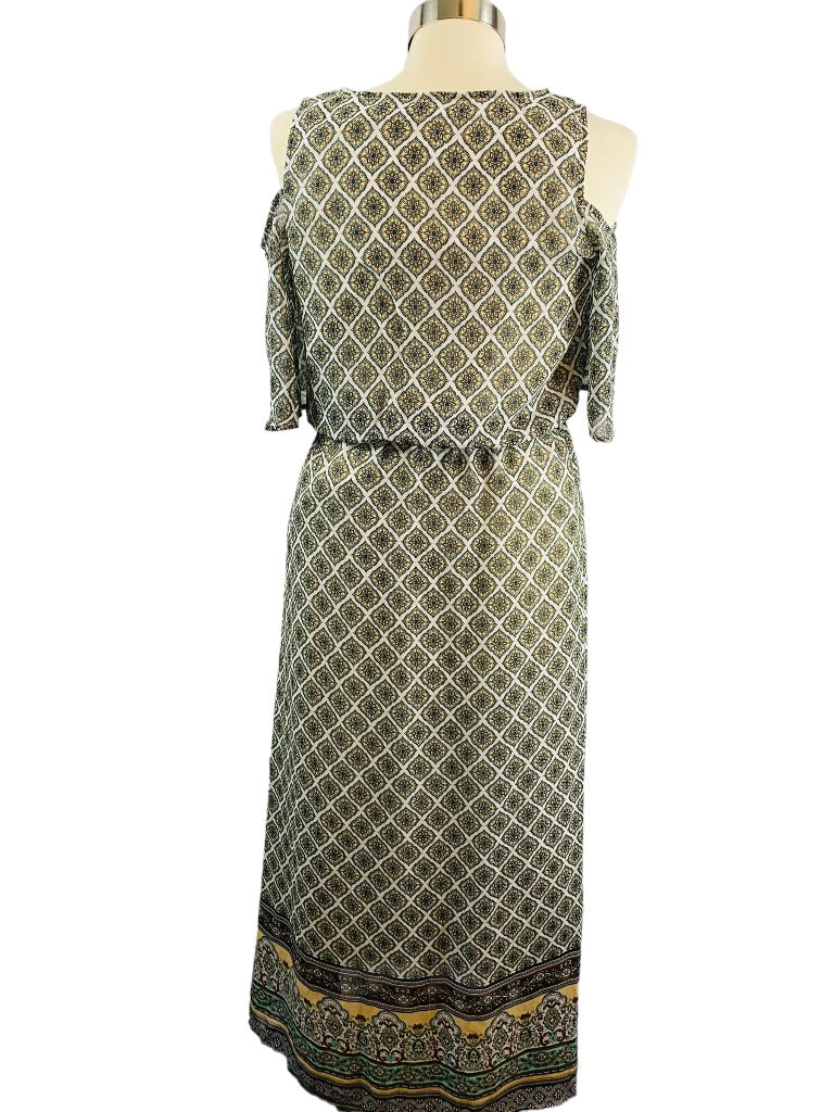 Small Petite Tacera Cold Shoulder Print Maxi Dress Elastic Waist Lined