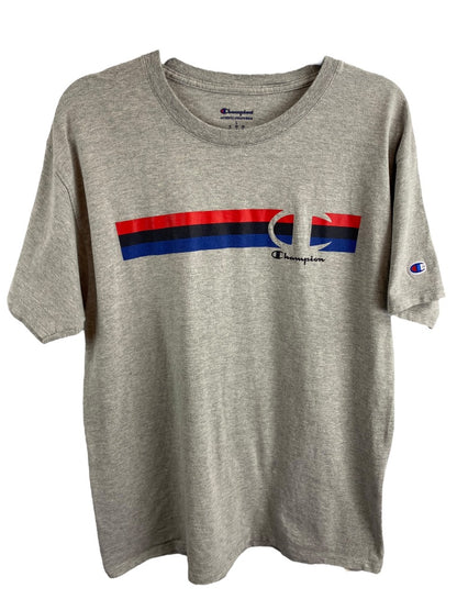 Large Champion Men's Gray Short Sleeve Tshirt Retro Stripe Logo