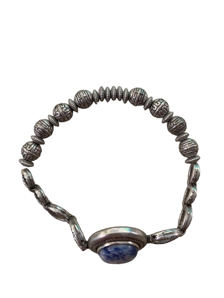 Magnabilities Silvertone Antiqued Stretch Bracelet Blue White Stone Inset Removable