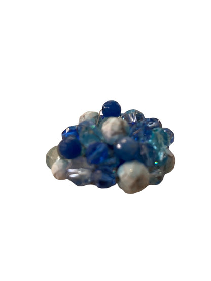 Mixed Blue Tones Beaded Cluster Brooch Statement 2.5" Diameter Pin