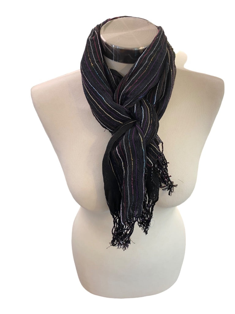 Black Lightweight Metallic Summer Scarf Fringed 58" x 24"