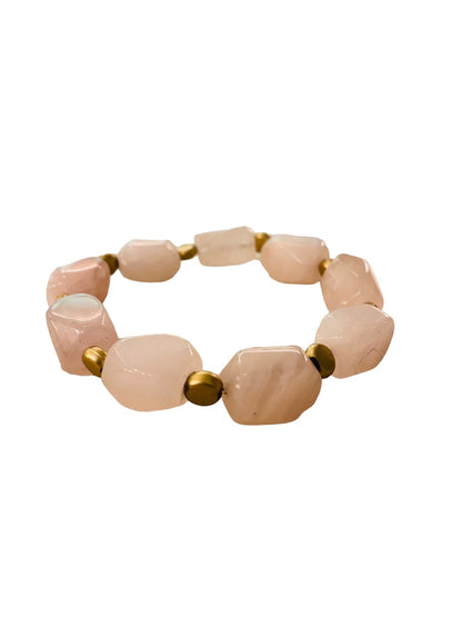 Beaded Stone and Goldtone Spacer Stretch Bracelet Blush Pink 2.5" Inside Diameter