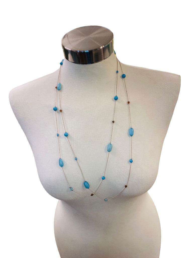 Long Strand Necklace Delicate Silvertone and Blue Acrylic Beads 60" Lobster Clasp Layered