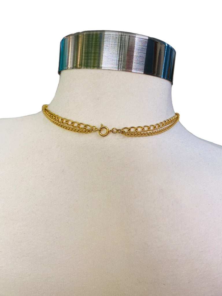 Vintage Shiny Goldtone Dual Layered Necklace Statement Pendant Spring Closure