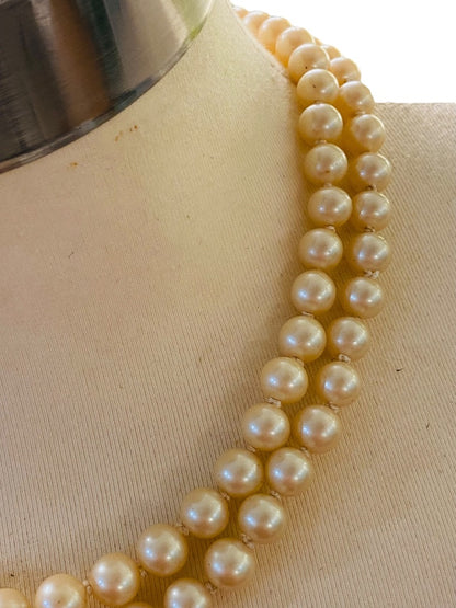 Double Strand Hand Knotted Vintage 7.7 mm Faux Pearl Dual Strand Necklace Daisy Clasp 16"