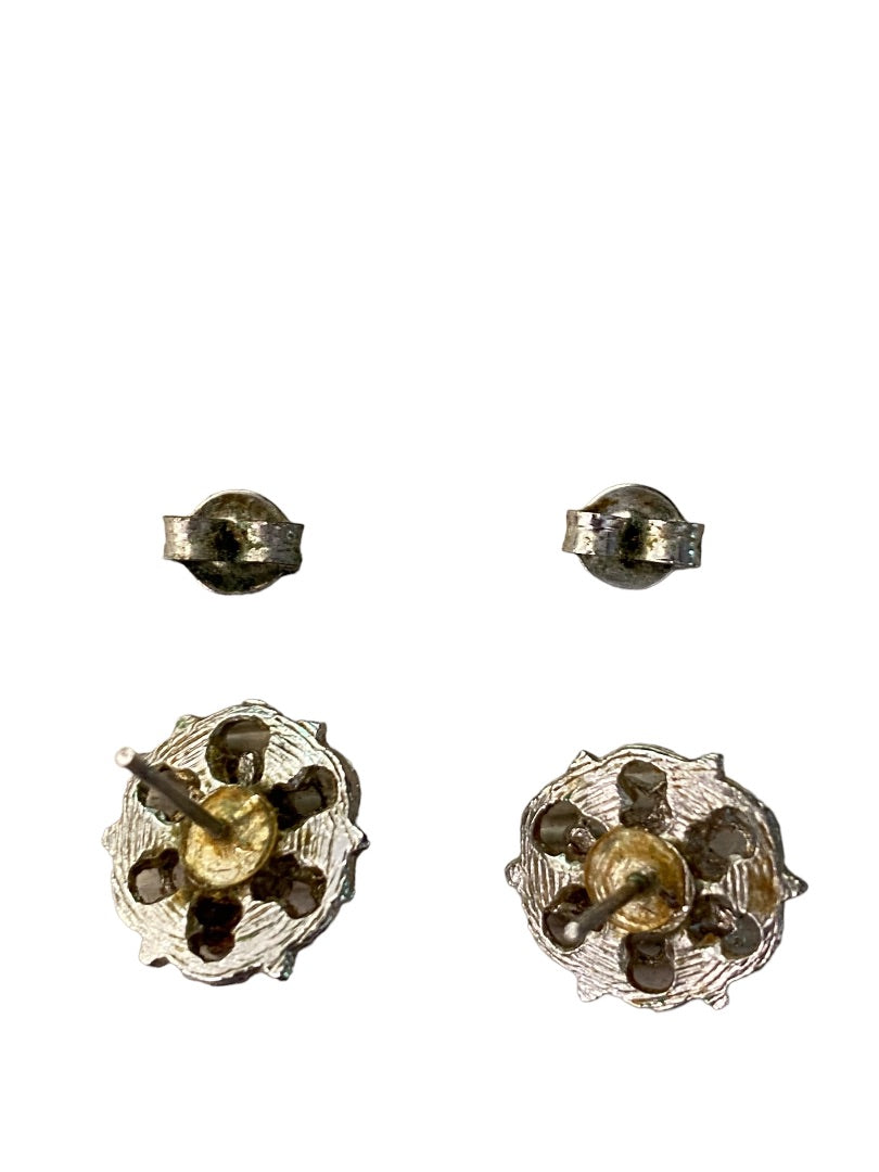 Vintage Silvertone Intricate Post Stud Earrings Faux Pearl Center Flower