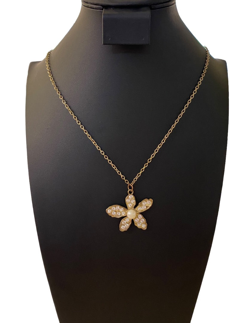 Goldtone 25" Necklace Overhead Chain Flower Pendant Faux Pearl Rhinestone