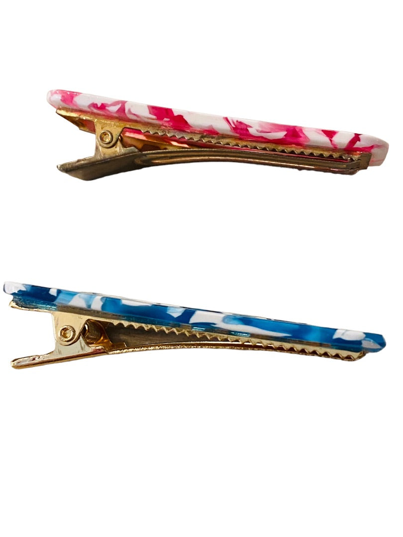 Vintage 1980s Set of 2 Hair Clips Blue Pink Barettes 2.5" Hinged